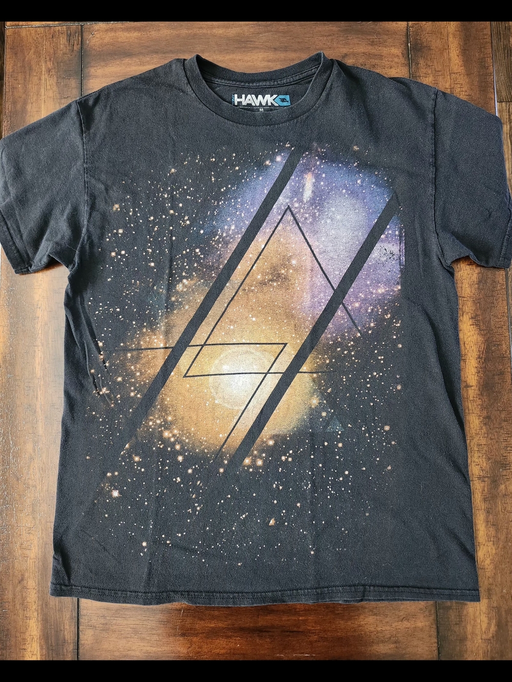 Black Short Sleeve Galaxy Graphic Tee with Purple & Yellow Accents